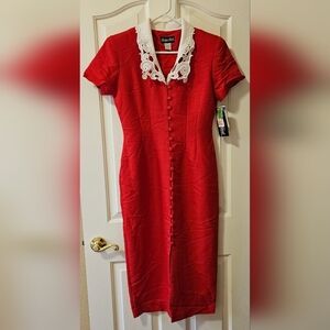 NWT Vintage Early 1990s Jaclyn Hart Red Dress With White Lace Collar Size 10